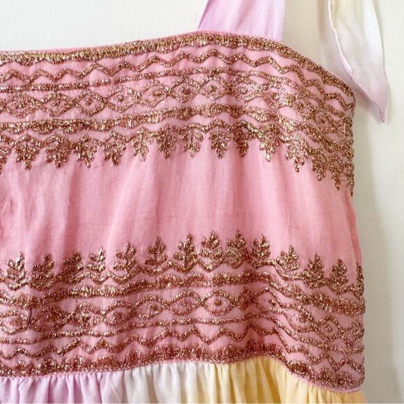 Juliet Dunn Pink Sunset Gold Embroidered Tie Shoulder Cotton Midi Dress 1 / S - Picture 9 of 12